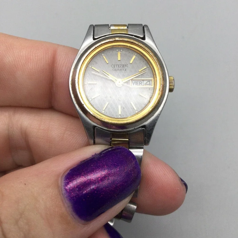 Vintage Citizen Womens Watch 24mm Gray Dial Two Tone Day Date New Battery 7.5